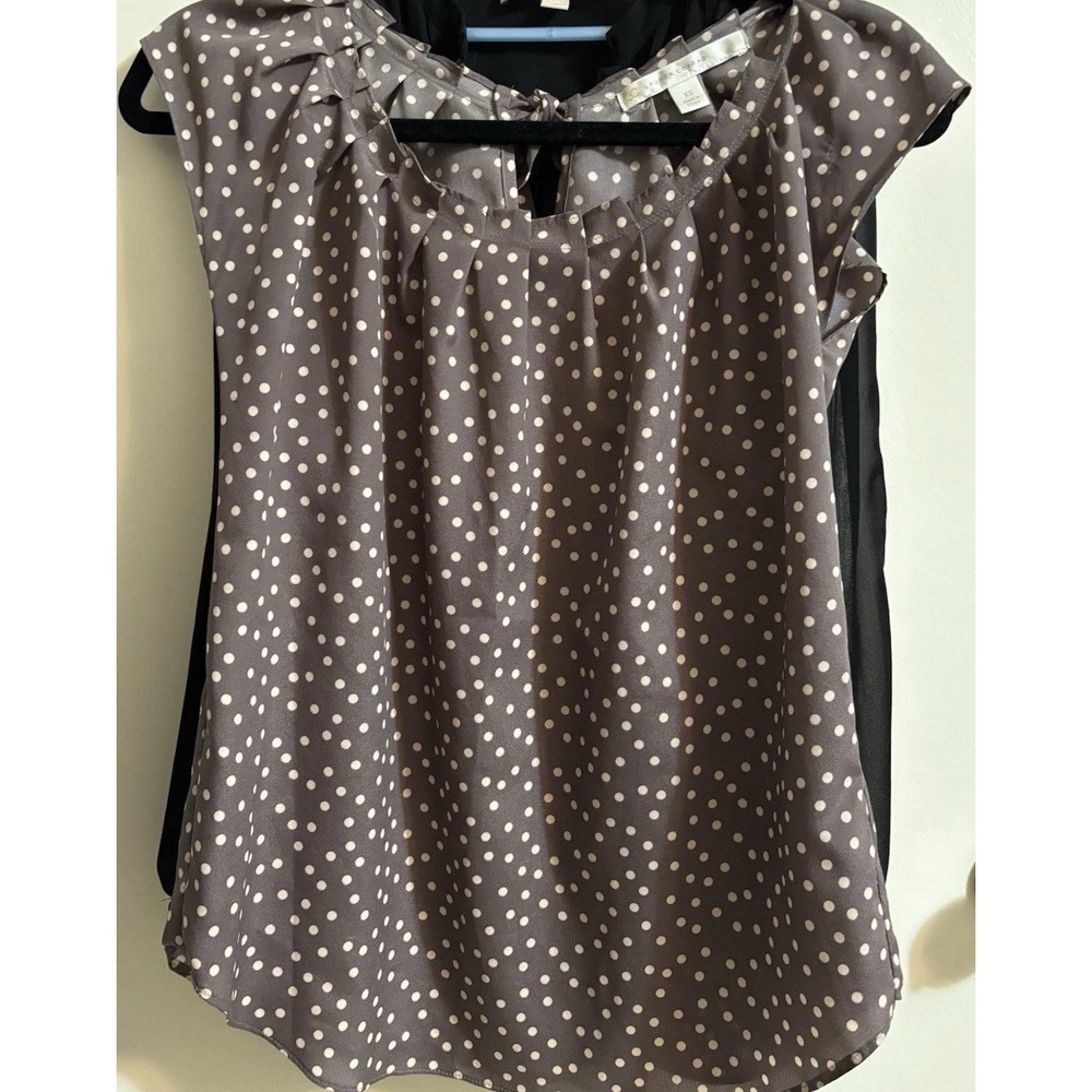 Lauren Conrad Top‎ Womens Taupe Polka Dots Pleated Neckline Top XS